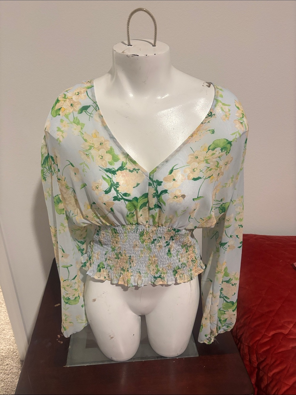 New York & Company Light Blue Floral Smocked-Waist V-Neck Blouse